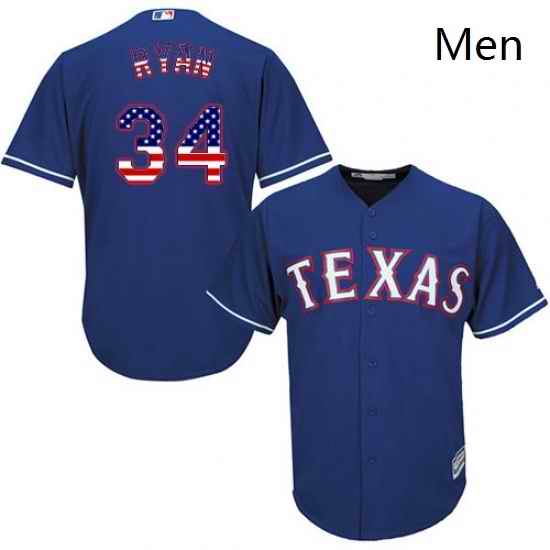 Mens Majestic Texas Rangers 34 Nolan Ryan Replica Royal Blue USA Flag Fashion MLB Jersey